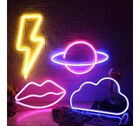 4 Pack Hanging LED Neon Signs, Battery Operat Planet Neon Wall Light Pink Lip Blue Cloud Yellow Lightning Shape Decorative Lights with 4 Hooks Preppy Party Supply for Wedding Dorm Birthday Room Decor