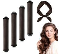 4 Pack Heatless Curlers Set for Long & Short Hair - Efficient No Heat Hair Curler Rods with Sturdy Clips & Headscarf, Overnight Blowout Rods for Damage-Free Waves, 4pc Heatless Hair Rollers Kit（Brown）