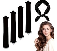 4 Pack Heatless Curlers Set for Long & Short Hair - Efficient No Heat Hair Curler Rods with Sturdy Clips & Headscarf, Overnight Blowout Rods for Damage-Free Waves, 4pc Heatless Hair Rollers Kit（Black）