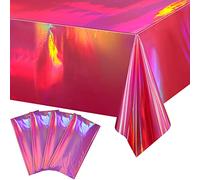 4 Pack Hot Pink Iridescence Plastic Tablecloths Shiny Disposable Laser Rectangle Table Covers Holographic Foil Tablecloth Iridescent Party Decorations Birthday Bridal Wedding Christmas, 54 x 108 Inch
