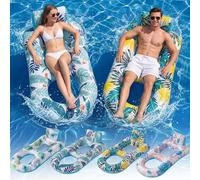 4 Pack Inflatable Heavy Duty Pool Floats Lounger Giant Pool Floats Adult Size with Backrest and Footrest Pool Fins for Beach Lake Party Multicolor