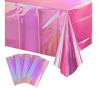 4 Pack Iridescent Pink Plastic Tablecloths, Shiny Disposable Laser Rectangle Table Covers, Holographic Foil Tablecloth Iridescent Party Decorations for Birthday Bridal Wedding Christmas, 54 x 108 Inch