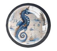 4 Pack Kitchen Cabinet Knobs Blue Seahorse Nautical Map Drawer Knobs Dresser Knobs Drawer Pulls Black Cabinet Hardware for Dresser Drawers Closet Round Drawer Handles