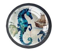 4 Pack Kitchen Cabinet Knobs Blue Seahorse Sea Drawer Knobs Dresser Knobs Drawer Pulls Black Cabinet Hardware for Dresser Drawers Closet Round Drawer Handles