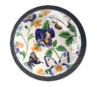 4 Pack Kitchen Cabinet Knobs Pansies Butterflies Pattern Drawer Knobs Dresser Knobs Drawer Pulls Black Cabinet Hardware for Dresser Drawers Closet Round Drawer Handles