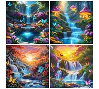 4 Pack Landscape Diamond Art Kits for Adults, Waterfall with Butterflies Diamond Painting Kits for Beginners, DIY 5D Full Drill Round Diamond Gem Art Craft Home Decor 14x14 Inch
