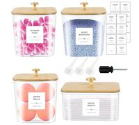 4 Pack Laundry Pods Container & Dryer Sheet Holder - Clear Plastic Laundry Room Organization Storage Containers with Lids, Scoops & Labels for Detergent Pods, Powder, Washing Beads,Scent Boosters