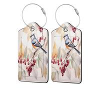 4 Pack Leather Luggage Tags for Suitcases Art Birds Leaves Berry Privacy Cover Id Label Leather Address Card Travel Bag