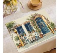 4 Pack Linen Italian Style Placemats, Café Theme Table Mats, Washable Indoor Outdoor Decor for Kitchen and Dining Table,45x30cm, Blue Brown