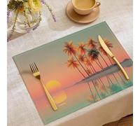 4 Pack Linen Ocean Beach Placemats, Palm Trees Sunset Table Mats, Washable Indoor Outdoor Decor for Kitchen & Dining Table，Lake Blue Orange