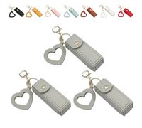 4 Pack Lip Oil Keychain - Mirror & Oil 2-in-1, Pu Leather Potable Lip Gloss Holder, Mini Lipstick Case with Keychain & Heart Pendant, Chapstick Holder, for Car/Travel Storage (Grey,3Pcs)