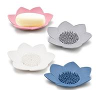 4 Pack Lotus Soap Trays, Soap Dish with Drain, Silicone Petal Shaped Soap Holder, Suitable for Shower Silicone Self Draining Lotus Shaped Sponge Soap Holder