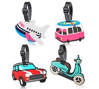 4 Pack Luggage Tags for Travel, Cartoon Vehicle Name Tags Silicone Suitcase Label ID for Baggage Identity, Handbag Labels for Kids, Women, Men, Boys, Girls