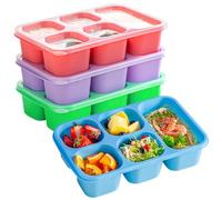 4 Pack Lunch Bento box, Five Compartment Individually Sealed Snack Box, Plastic Compartment Lunch Box with Transparent Lid, Reusable Prevent Cross Flavoring and Microwaveable(Pink/Blue/Purple/Green)