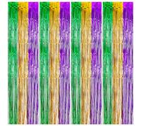 4 Pack Mardi Gras Metallic Tinsel Foil Fringe Curtains 3.3×6.6 ft Gold Green Purple Tinsel Fringe Photo Backdrop Decor Streamer for Mardi Gras Carnival Birthday Wedding Holiday Party Decorations