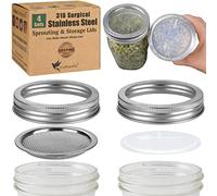 4 Pack Sprouting & Storage Mason Jar Lid - 316 Surgical Stainless Steel CURVED Mesh Screen, Vegan, Rust-free, BPA-free (4, Wide Mouth)