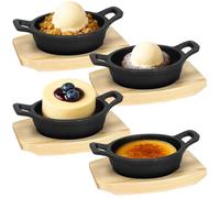 4 Pack Mini Cast Iron Skillets, 10cm Small Sizzler Pans with Wooden Bases