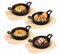 4 Pack Mini Cast Iron Skillets, 14cm Round Sizzler Pans with Wooden Bases | Cast Iron Sizzler Pans, Double Handles, Small Skillet Pans for Tapas, Starters, Desserts, BBQ and Baking