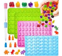 4 Pack Mini Silicone Gummy Candy Chocolate molds Contains Bear,Dinosaur, Fruits, Vegetables and 2 droppers for making Gummy, candy, chocolate and small ice cubes.
