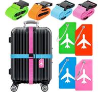 4 Pack Mixed Colours Luggage Straps & 4 Pack Silicone PVC Luggage Tags, Adjustable Buckle Lockable Suitcase Belts, Waterproof ID Baggage Labels for Holiday Cruise Travel Luggage