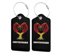 4 Pack Montenegro Flag Love Heart Tree Leather Luggage Tag for Suitcase with ID Label Privacy Cover Address Card Stainless Steel Loop Travel Tags for Cruise Ships Airport Bag Backpack