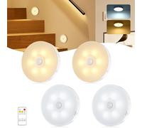 4 Pack Motion Sensor Lights Indoors,12 LEDs Stair Lights with Remote Control,5 Modes USB Charging Cupboard Lights Warm/Cool White,Dimmable LED Night Light for Closet,Hallway,Kitchen,Cabinet