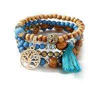 4-Pack Multi-Layer Boho Wooden Beaded Bracelets with Tassels, Elastic Stackable Festival Bracelets, Tree of Life Charm Bohemian Jewellery for Women (Peacock Blue)
