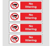 4 Pack No Littering Self Adhesive Backed Sticker Signs, Gloss Finish. Weatherproof & Waterproof (150mm x 50mm)