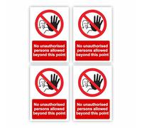 4-Pack "No Unauthorised Persons Allowed Beyond This Point" Signs Self-Adhesive / 7x10cm Each (Pack of 4) / Portrait Orientation Removable & Wipeable/Indoor or Outdoor Stickers/Gloss Finish /