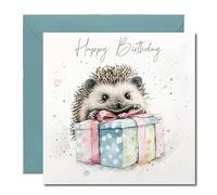 (4 Pack of Cards) Watercolour Style Hedgehog Happy Birthday Greetings Card - Inside reads: Have a great day - Includes Deep Teal Coloured Envelope