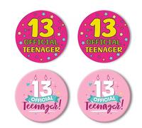 4 Pack Official Teenager Pin Badge - Officially A Teenager Party Accessory Gifts for Sweet 13 Year Old Girl Daughter Granddaughter, Happy 13th Big Birthday Decorations, Pink 58mm