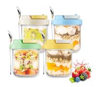 4 Pack Overnight Oats Container, Overnight Oats Jars with Lid and Spoon | Glass Food Storage Container | for Oatmeal Vegetables Fruits Yogurt and Nuts