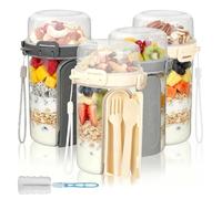 4 Pack Overnight Oats Container with Lids and Spoon, Travel Breakfast Container Cereal Cups on the Go with Cup Brush, Reusable Yogurt Pot, Leak-Proof Dry Wet Separation Container for School Office Gym