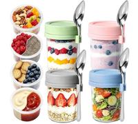 4 Pack Overnight Oats Jar, 500ml Overnight Oats Container Glass Jars with Lids and Spoon Yoghurt Pots with Unique Dry-Wet Separation Cup Breakfast Pots for Yogurt,Cereal,Salad,Fruit,Smoothie,Snacks