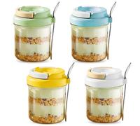 4 Pack Overnight Oats Jar - Overnight Oats Container with Lids and Spoons, 15oz/430ml Glass Breakfast Pots, Meal Prep Jar Yogurt Pot Porridge Container to Go for Oat, Pudding, Milk, Cereal Fruit Salad