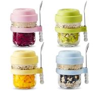 4 Pack Overnight Oats Jar - Overnight Oats Container with Lids and Spoons, 15oz/440ml Glass Breakfast Pots, Meal Prep Jar Yogurt Pot Porridge Container to Go for Oat, Pudding, Milk, Cereal Fruit Salad