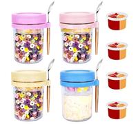 4 Pack Overnight Oats Jar - Overnight Oats Container with Lids and Spoons, 15oz/450ml Glass Breakfast Pots, Meal Prep Jar Yogurt Pot Porridge Container to Go for Oat, Pudding, Milk, Cereal Fruit Salad