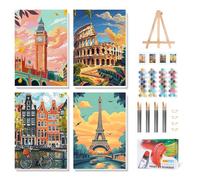 4 Pack Paint by Numbers for Adults with Frame, City Landscape Framed Paint by Numbers for Beginner, City Travel Adult Painting by Number Canvas Kits with Frame for Gift Home Decor 8 x 12 Inch