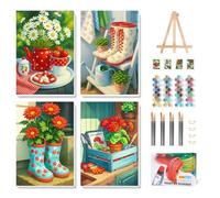 4 Pack Paint by Numbers for Adults with Frame, Flowers Paint by Numbers with Wooden Easel for Beginner, Potted Plants Adult Painting by Number Canvas Kits with Framed for Gift Home Decor 8 x 12 Inch