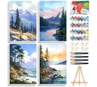 4 Pack Paint by Numbers for Adults with Frame Mountain Landscape 20x30 CM | With Wooden Easel, Landscape DIY Acrylic Painting by Numbers for Adults, Stress Relief Craft Kits, Home Wall Decor Gift