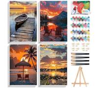 4 Pack Paint by Numbers for Adults with Frame, Sunset Adult Paint by Number Canvas Kits with Wooden Easel, DIY Acrylic Lake Landscape Painting by Numbers for Home Wall Decor Gift 8x12 Inch/20x30cm