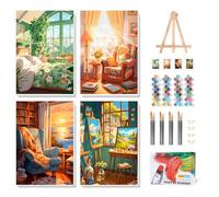 4 Pack Paint by Numbers for Adults with Frame, Window Landscape Paint by Numbers with Wooden Easel for Beginner, Window Adult Painting by Number Canvas Kits with Framed for Gift Home Decor 8 x 12 Inch