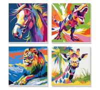 4 Pack Paint by Numbers for Children Framed, Colorful Horse, Dinosaur, Lion, Easy Paint by Number for Kids Ages 4-8-12, Rainbow Animal, DIY Painting by Numbers for Adults for Home Wall Decor 8x8Inch