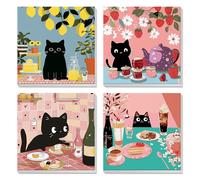 4 Pack Paint by Numbers for Children Framed, Funny Black Cat, Easy Paint by Number for Kids Ages 4-8-12, Black Cat Birthday With Cakes, DIY Painting by Numbers for Adults for Home Wall Decor 8x8Inch