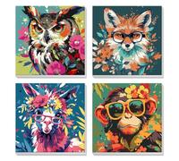 4 Pack Paint by Numbers for Children Framed, Owl, Fox, Llama, Monkey, Easy Paint by Number for Kids Ages 4-8-12, Animal with Flowers, DIY Painting by Numbers for Adults for Home Wall Decor 8x8Inch