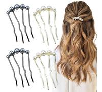 4 PACK Pearls Twist Hair Pins, Pearl U Shaped Hair Side Combs, 4 Prong Hair Updo Hair Sticks, Vintage Hair Fork Clips, French Pearl Hairpin Hair Styling Accessories for Wedding Party Holiday Daily