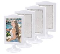 4 Pack Photo Frames, Double Sided Table Display 4x6 Inches, Each Frame Holds 2 Pictures, Wedding, Menu, Tags, Place Cards, Display Stands (White)