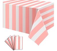 4 Pack Pink and White Striped Tablecloth, 54 x 108 Inch Waterproof Disposable Plastic Table Cover, Rectangular Table Cloths for Birthday Baby Shower Girl's Birthday Party Decoration
