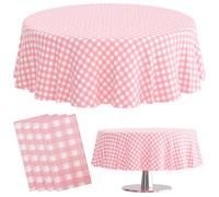 4 Pack Pink and White Tablecloth Round 84 Inch, Plastic Gingham Table Cloth Disposable for Holiday Party,Birthday and Weddings Indoor or Outdoor Decoration