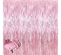 4 Pack Pink Fringe Curtain Backdrop, 3.2Ft x 6.6Ft Metallic Tinsel Foil Fringe Streamers Background for Photo Booth Birthday Wedding Baby Shower Carnival Easter Mother’s Day Party Decorations